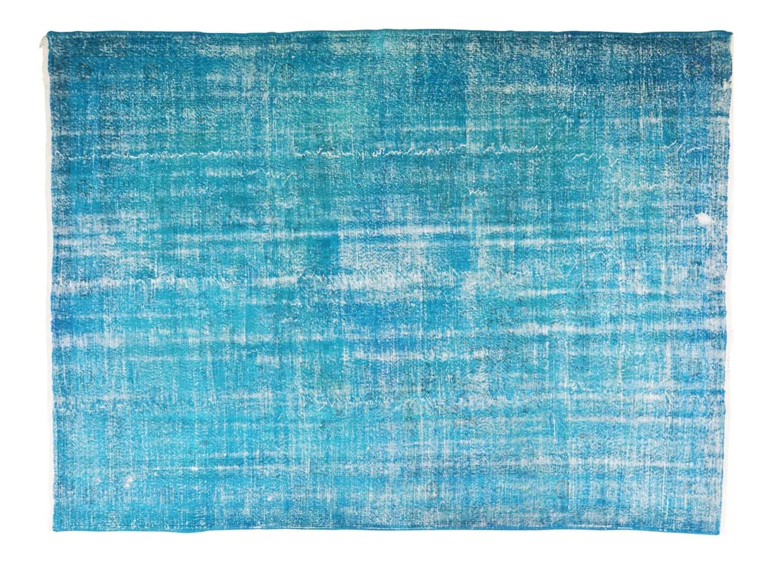Turkish Anatolian Fine Weave Overdyed Wool Rug 8'9 x 11'10 Turquoise: Turkish Anatolian Fine Weave Overdyed Wool Rug 8'9 x 11'10 Turquoise This vintage Turkish Anatolian rug features an overdyed design with natural colors and a fine hand-knotted weave. Crafted from orga