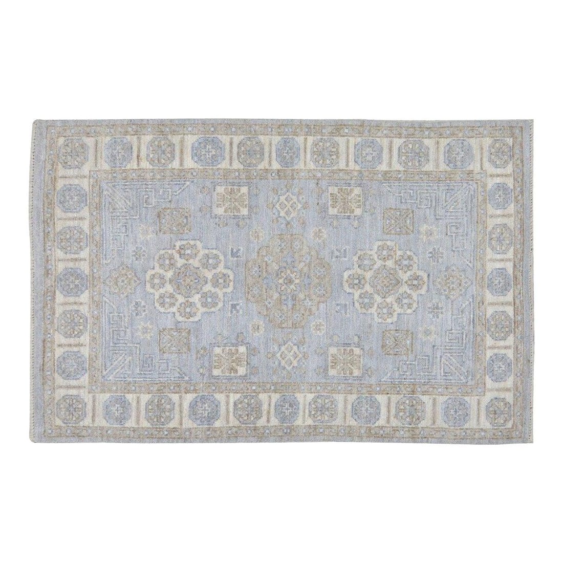 Oushak Wool Rug Hand-Knotted Baby Blue 4'x6'1" Turkish Design: Oushak Wool Rug Hand-Knotted Baby Blue 4'x6'1" Turkish Design This Turkish Oushak rug is hand-knotted from wool using traditional techniques, combining classic artistry with a modern design sensibilit