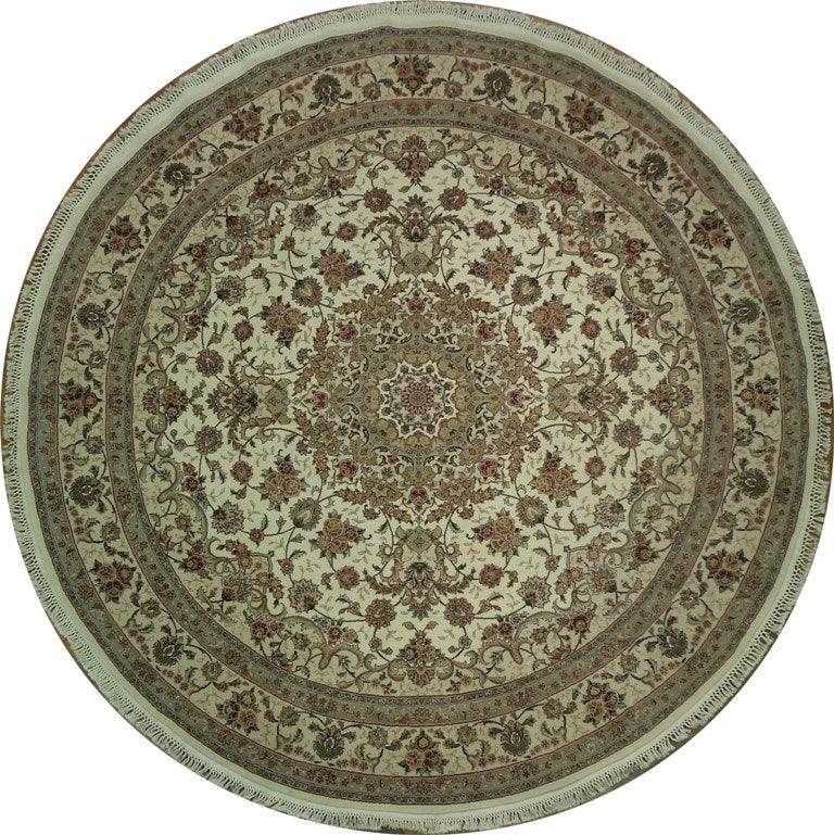 9.2ft Round Hand-Knotted Wool Silk Rug Persian Turkish: 9.2ft Round Hand-Knotted Wool Silk Rug Persian Turkish Free continental US Shipping Elevate your space with this exquisite 9.2 x 9.2 feet round hand-knotted fine rug, a stunning blend of wool and silk