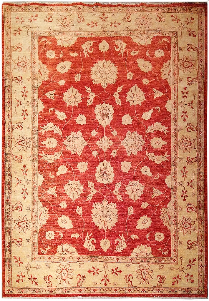 6' x 7' Hand-Knotted Chobi Rug Coral Red Gold Accents: 6' x 7' Hand-Knotted Chobi Rug Coral Red Gold Accents Free continental US Shipping Introducing the exquisite 6' x 7' Chobi Rug in Coral Red with Gold accents, a vibrant and luxurious addition to your 