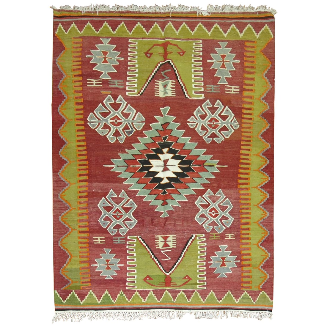 Mid Century Turkish Wool Flat Weave Kilim 47 x 61 in: Mid Century Turkish Wool Flat Weave Kilim 47 x 61 in This vintage Turkish Kilim throw piece features a colorful flat-weave design crafted from wool. Originating from Turkey and made circa 1950, it ref