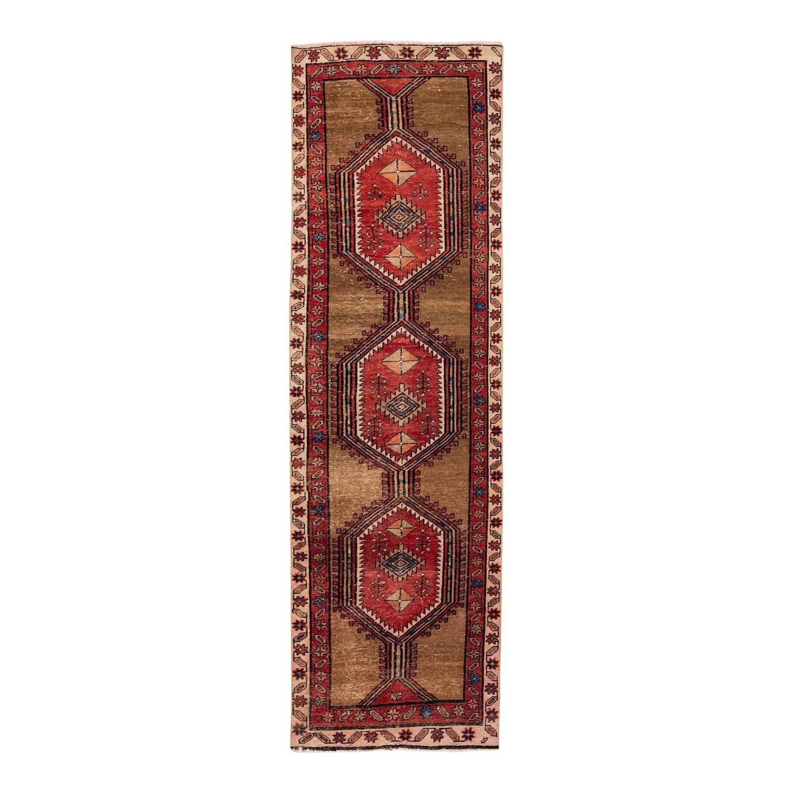 1920s Antique Heriz Tribal Wool Runner 2'8 x 8'11 Brown: 1920s Antique Heriz Tribal Wool Runner 2'8 x 8'11 Brown Experience the charm of the 1920s with this exquisite antique Heriz handmade wool runner. Featuring a rich brown color field, this rug is adorne