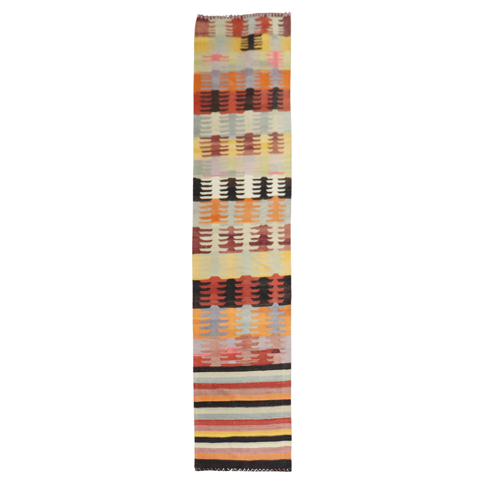 Vintage Turkish Kilim Runner Wool Hand-Knotted 36 x 189 in Navajo Style: Vintage Turkish Kilim Runner Wool Hand-Knotted 36 x 189 in Navajo Style Discover the beauty of this Zabihi Collection Vintage Turkish Kilim Runner, a stunning piece from the mid-20th century. Expertly