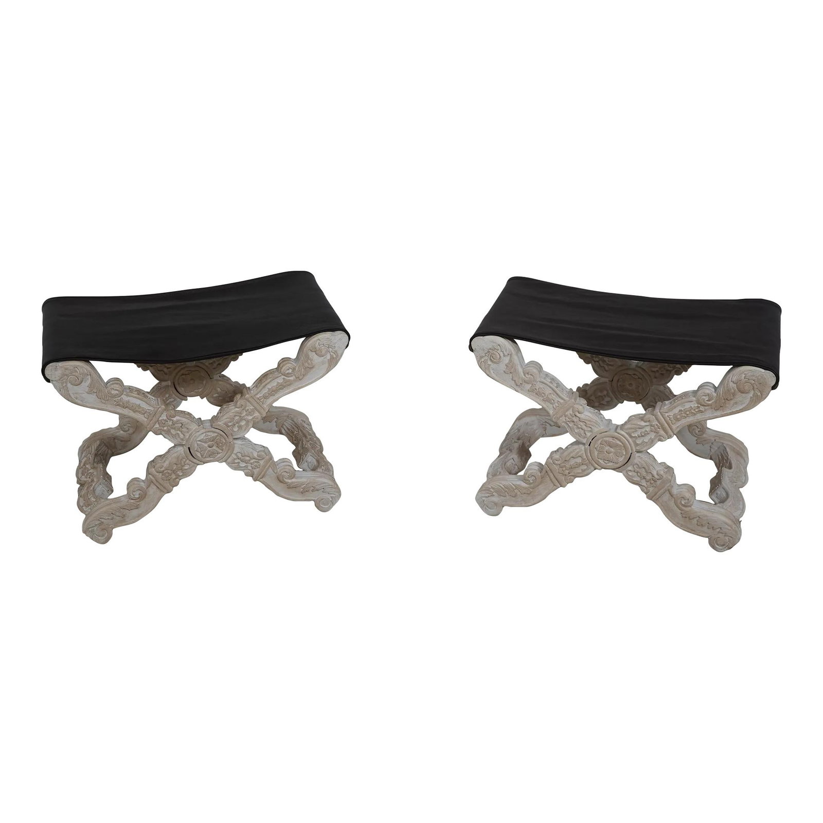 Elegant Pair of Leather Stools with Ornate Carved Bases: Elegant Pair of Leather Stools with Ornate Carved Bases This elegant pair of leather seat stools features ornate carved bases with a charming white-washed finish, showcasing exquisite craftsmanship. T