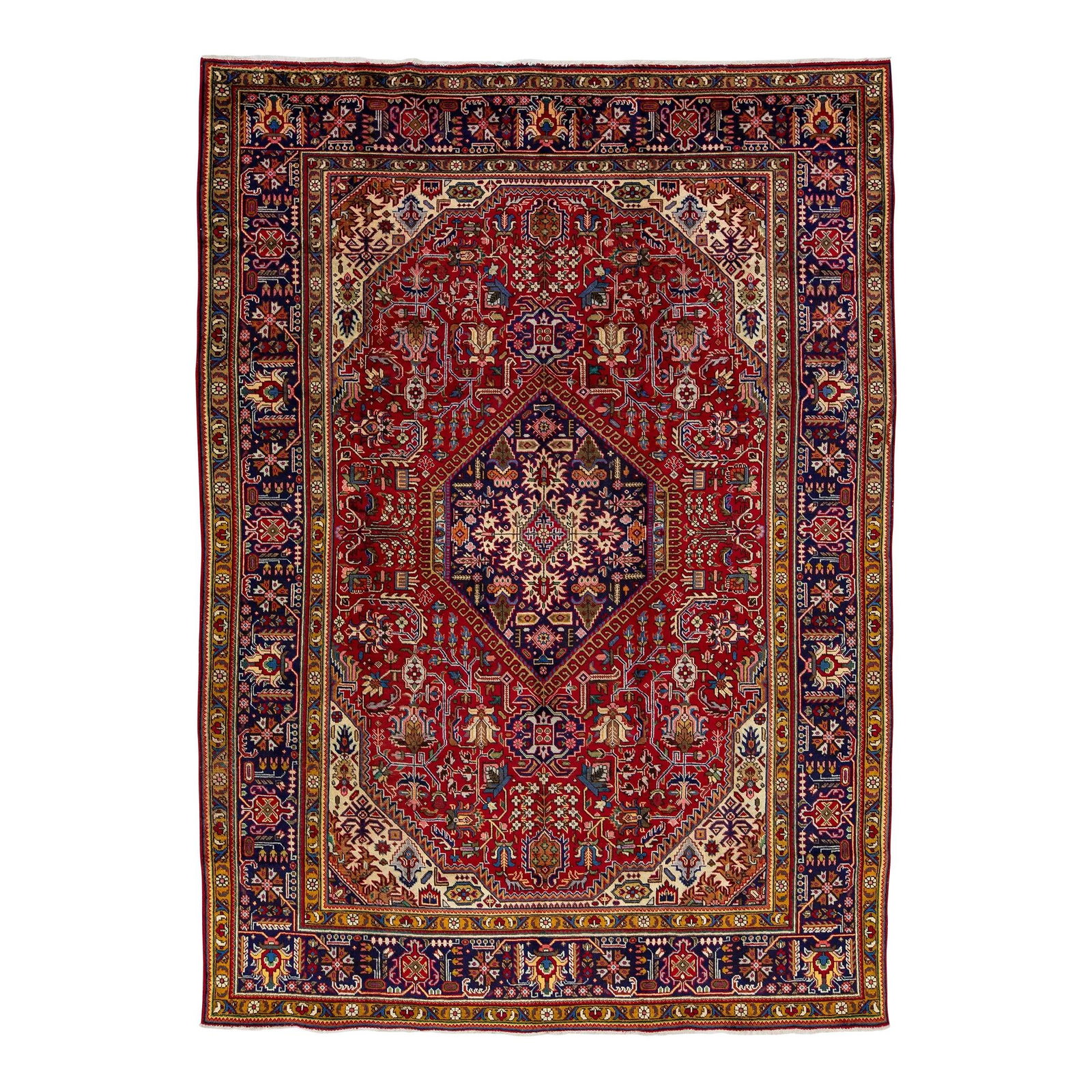 Vintage Persian Heriz Hand-Knotted Wool Rug Red Floral Design 8'1" x 11'5": Vintage Persian Heriz Hand-Knotted Wool Rug Red Floral Design 8'1" x 11'5" This exquisite vintage Persian Heriz rug features a stunning red field adorned with an intricate allover floral design in vib