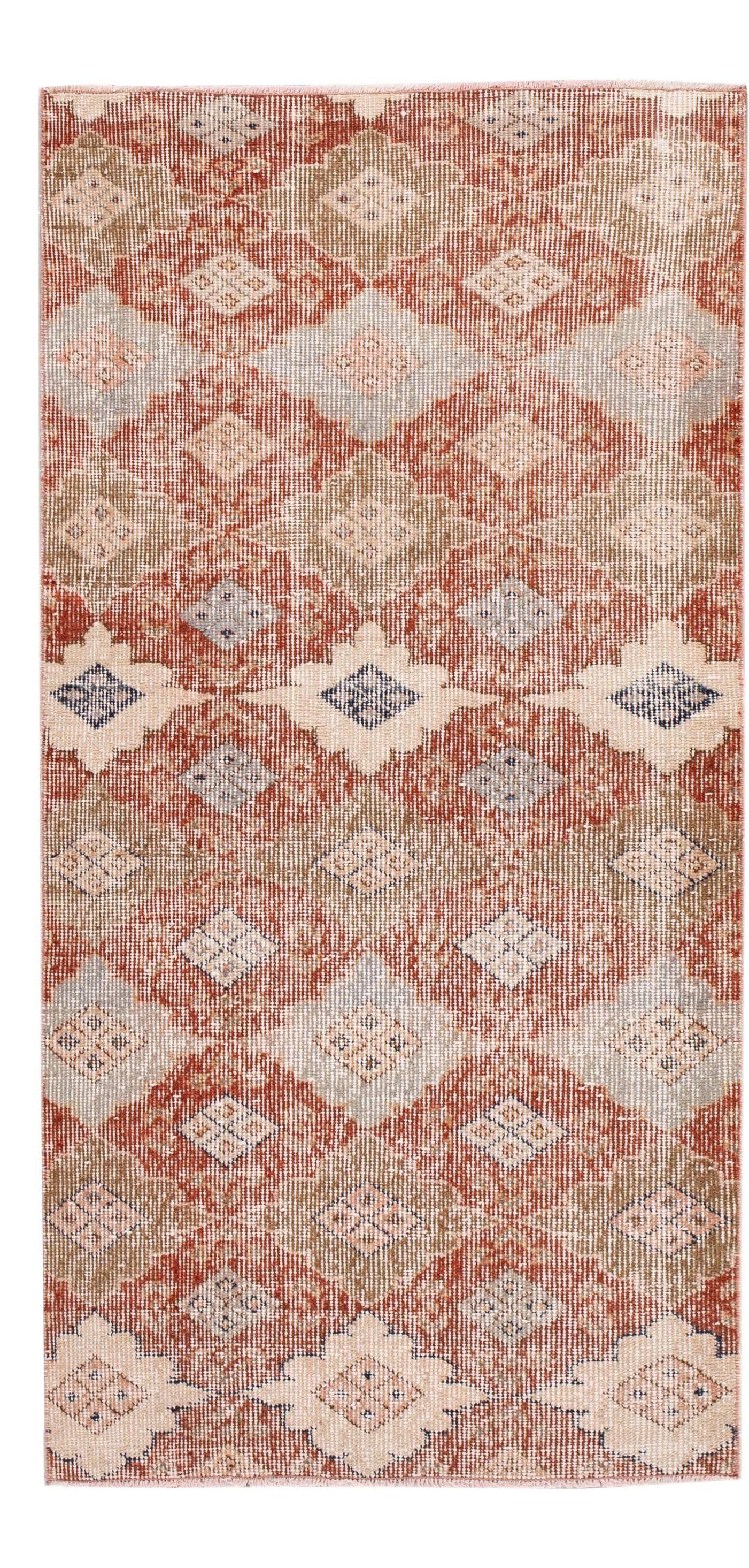 Vintage Turkish Hand-Knotted Wool Rug 2'8 x 5'4 Red Tribal Design: Vintage Turkish Hand-Knotted Wool Rug 2'8 x 5'4 Red Tribal Design This stunning Vintage Turkish Scatter Rug is hand-knotted from high-quality wool, featuring a vibrant multi-color field adorned with a