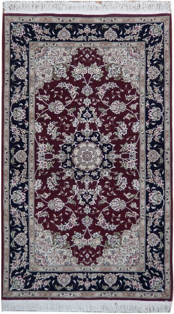 3' x 5' Hand-Knotted Red Wool & Silk Sino Tabriz Area Rug: 3' x 5' Hand-Knotted Red Wool & Silk Sino Tabriz Area Rug Free continental US Shipping Indulge in luxury with the 3' x 5' Red Wool & Silk Sino Tabriz Rug, a masterpiece of exquisite craftsmanship and 