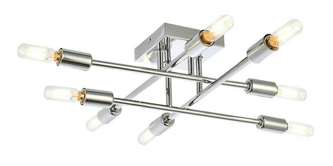Chrome 8-light Script flush mount chandelier: Chrome 8-light Script flush mount chandelier This modern flush mount pendant chandelier features a polished chrome finish and a contemporary design, making it an elegant lighting solution for various 
