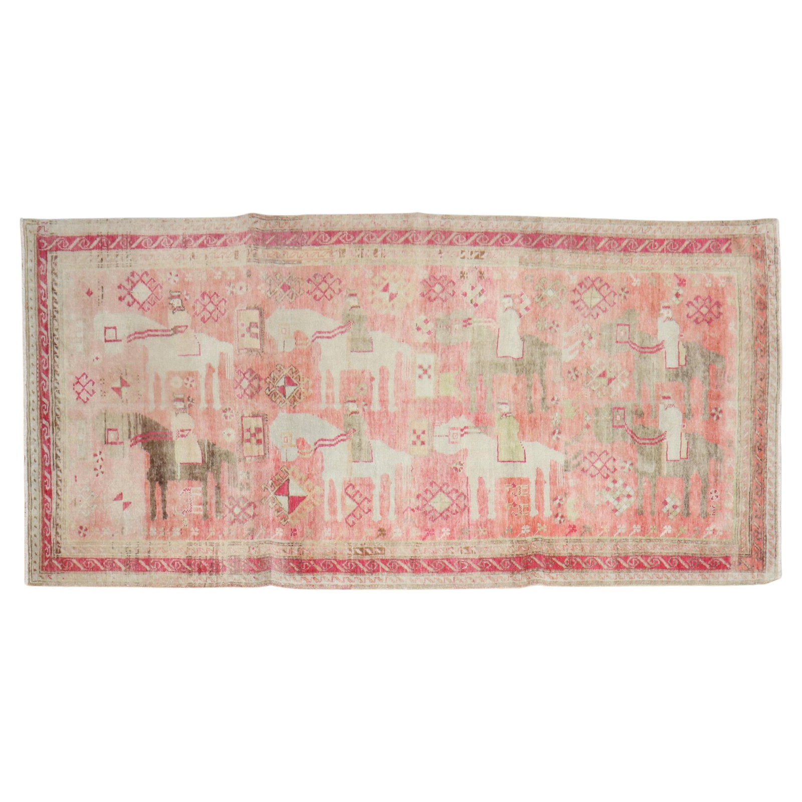 Vintage 1930s Pink Karabagh Hand-Woven Wool Rug: Vintage 1930s Pink Karabagh Hand-Woven Wool Rug This stunning Pink Antique Karabagh Caravan Rug features a unique pictorial caravan motif and is crafted from high-quality hand-woven wool. Originating 