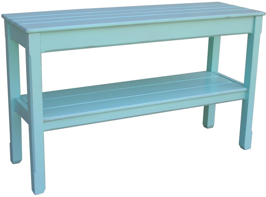 Trade Winds Cottage Aqua Mahogany Console Table 29H 48.5W 16D: Trade Winds Cottage Aqua Mahogany Console Table 29H 48.5W 16D Enhance your living space with this Cottage Style Aqua Mahogany Console Table. Designed with a charming country farmhouse aesthetic, this 