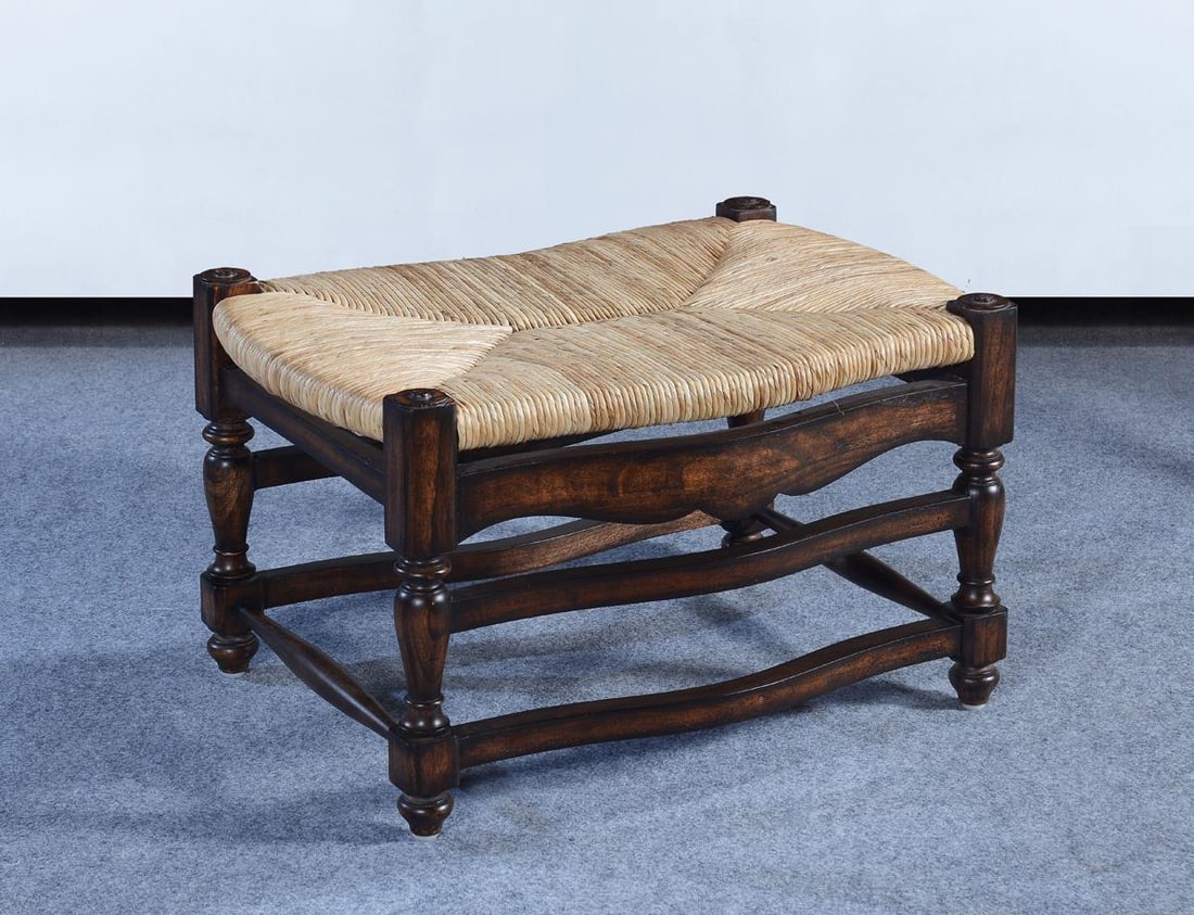 Hand-Woven French Country Ottoman Distressed Walnut Rush Seat: Hand-Woven French Country Ottoman Distressed Walnut Rush Seat Enhance your living space with this Charming Hand-Woven French Farmhouse Ottoman, designed in a delightful antique or vintage style. This 