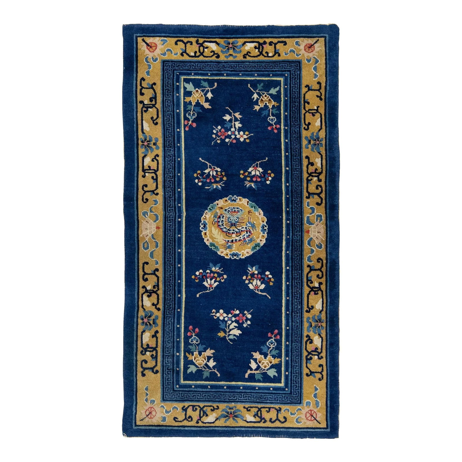 Vintage Peking Wool Rug Navy Blue with Dragon Design 3 x 5'10: Vintage Peking Wool Rug Navy Blue with Dragon Design 3 x 5'10 This exquisite vintage Peking rug showcases a rich navy blue field beautifully highlighted by vibrant yellow accents, featuring traditiona