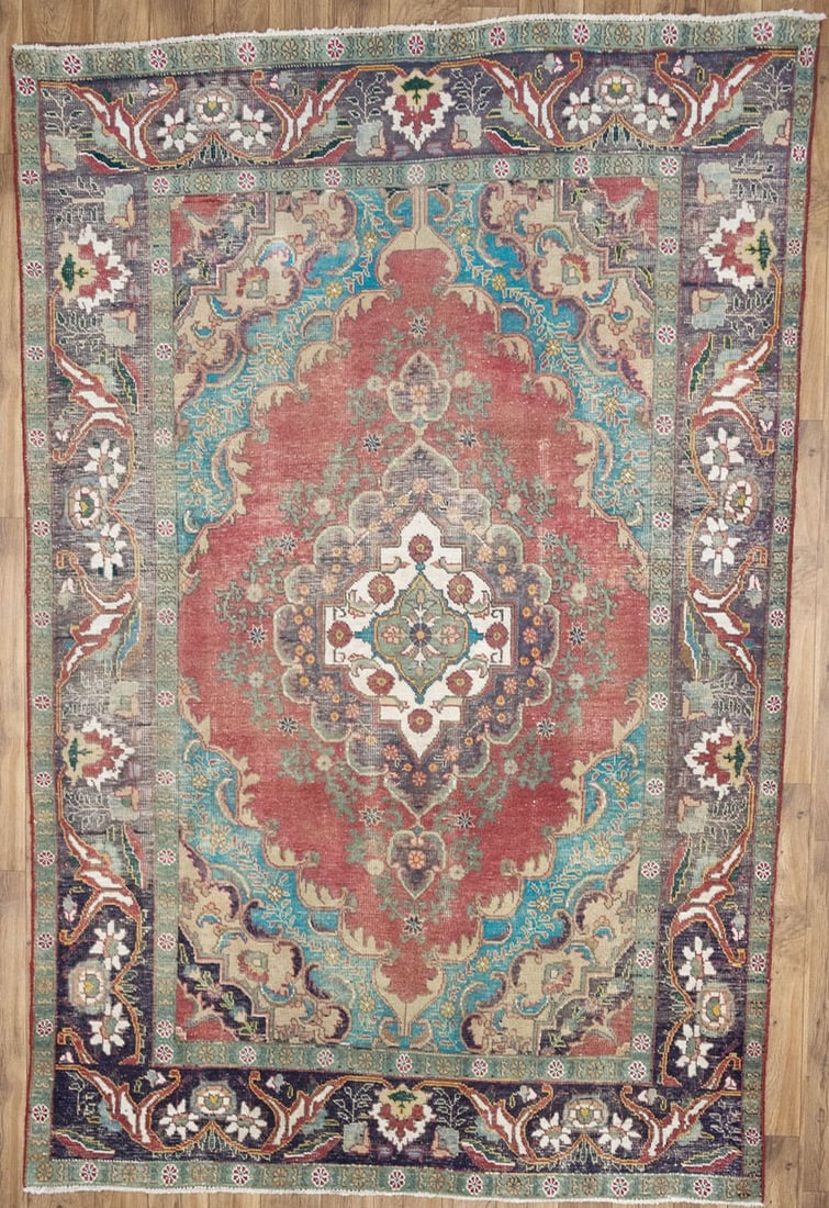 Hand Knotted Wool Floral Area Rug 6'4 x 9'4 Muted Vintage Colors: Hand Knotted Wool Floral Area Rug 6'4 x 9'4 Muted Vintage Colors This semi-antique handmade Oriental rug features a traditional floral pattern in muted tones of red, plum, cream, beige, light blue, an