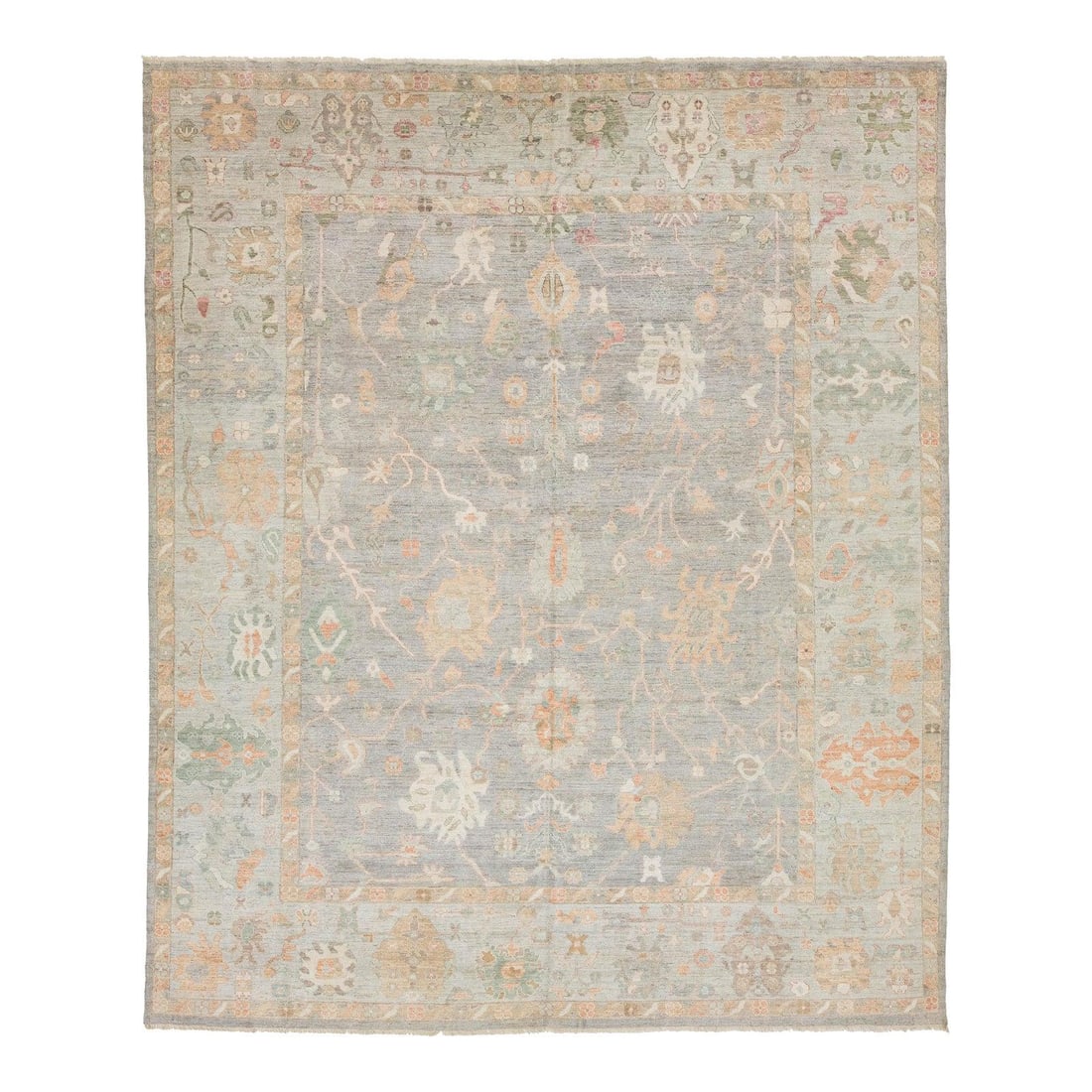 Hand Knotted Wool Oushak Style Area Rug 12'2 x 14'7 Sage Floral: Hand Knotted Wool Oushak Style Area Rug 12'2 x 14'7 Sage Floral This hand-knotted wool area rug is inspired by traditional Oushak designs and features a sophisticated muted palette that includes soft 