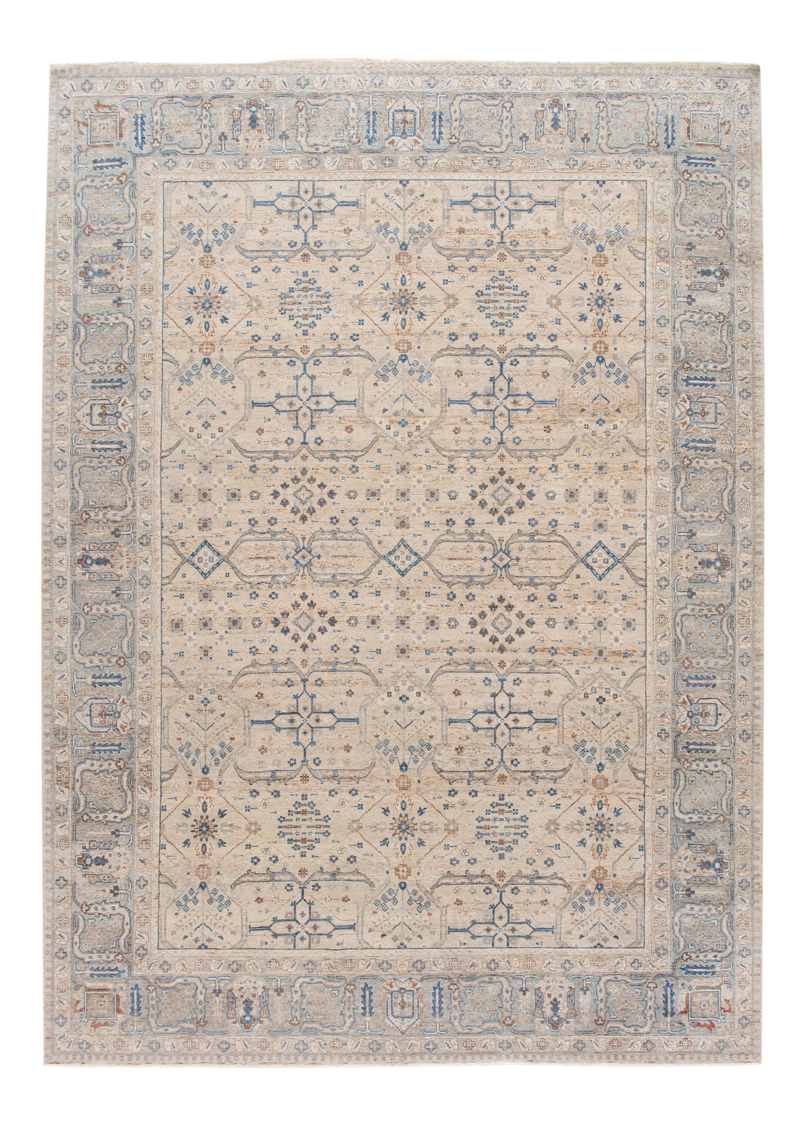 Contemporary Hand-Knotted Indian Wool Rug 10' 1" x 14': Contemporary Hand-Knotted Indian Wool Rug 10' 1" x 14' Enhance your living space with this exquisite hand-knotted Indian wool rug. Featuring a beautiful beige field adorned with blue, brown, and gray 