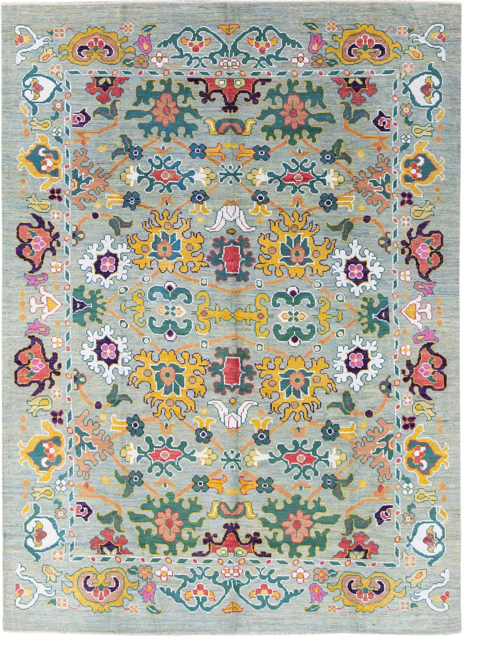 Handmade Modern Oushak Wool Rug Blue Green Floral 8'4 x 11'6: Handmade Modern Oushak Wool Rug Blue Green Floral 8'4 x 11'6 Enhance your space with this stunning Modern Oushak hand-knotted wool rug, featuring a captivating blue and green gradient field. The desig