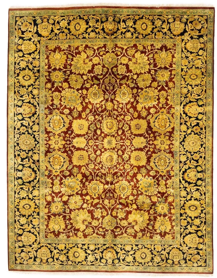 Handmade Wool Floral Area Rug 9x12 Gold Agra Jaipur Indian Carpet: Handmade Wool Floral Area Rug 9x12 Gold Agra Jaipur Indian Carpet This handmade Agra Jaipur area rug features a striking floral design in gold, deep red, black, sage green, and other tones. Expertly h