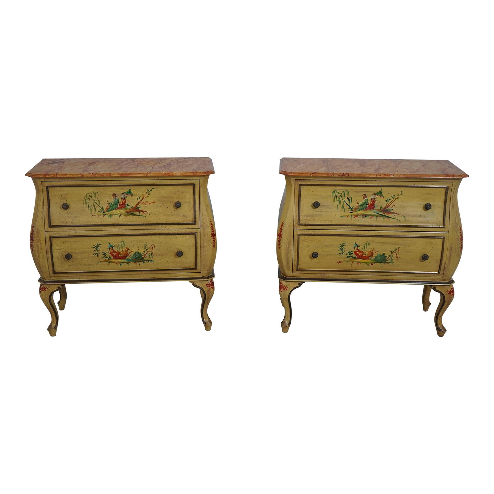 Elegant Pair of Chinoiserie Commodes with Faux Marble Tops: Elegant Pair of Chinoiserie Commodes with Faux Marble Tops This elegant pair of Chinoiserie commode chests features stunning hand-painted decorations and faux marble painted tops. Crafted in Italy, th