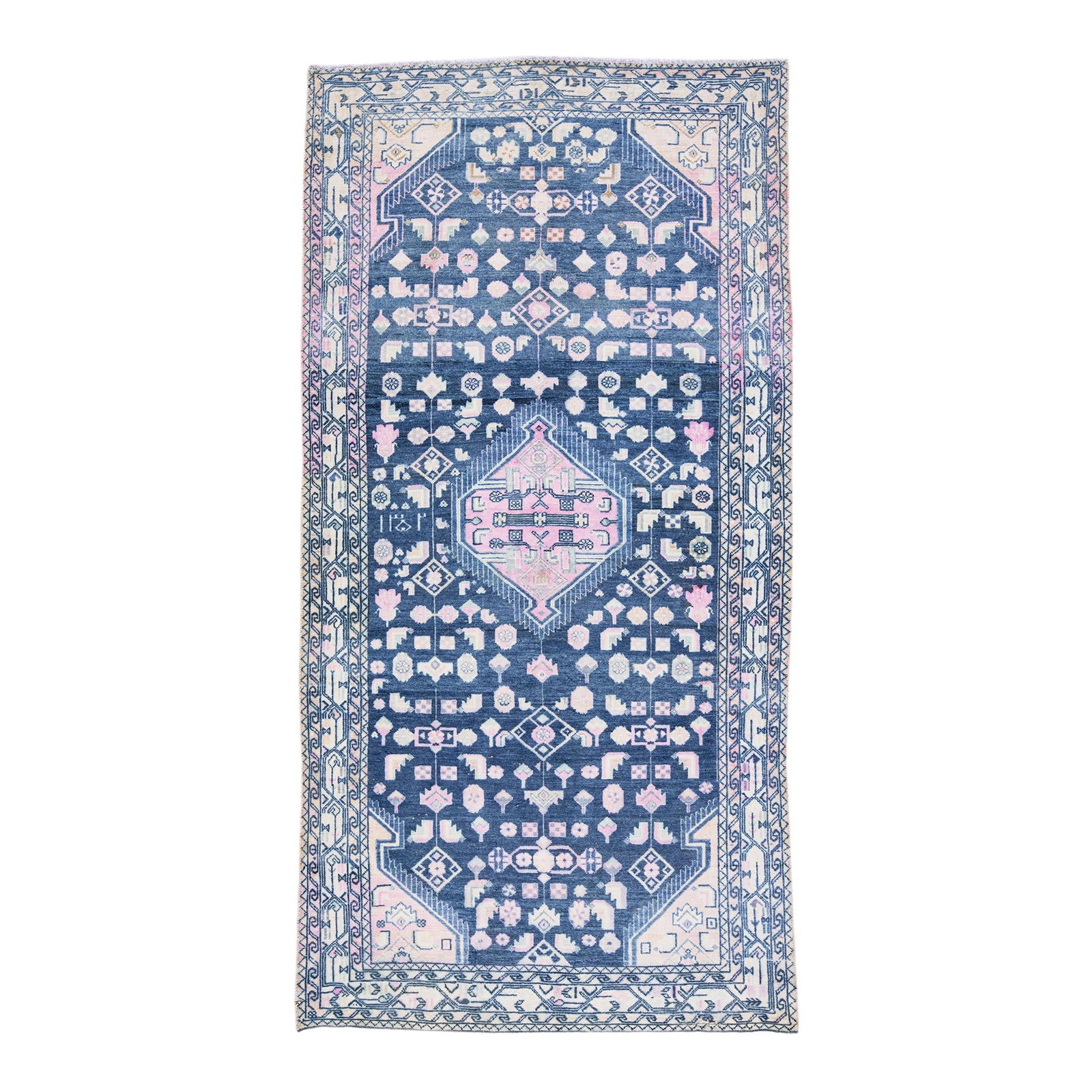 Vintage Persian Hamadan Handmade Wool Rug Navy Blue Medallion 4'10 x 9'8: Vintage Persian Hamadan Handmade Wool Rug Navy Blue Medallion 4'10 x 9'8 Discover the charm of this vintage Persian Hamadan rug, meticulously hand-knotted and designed in a shabby chic style. The stun