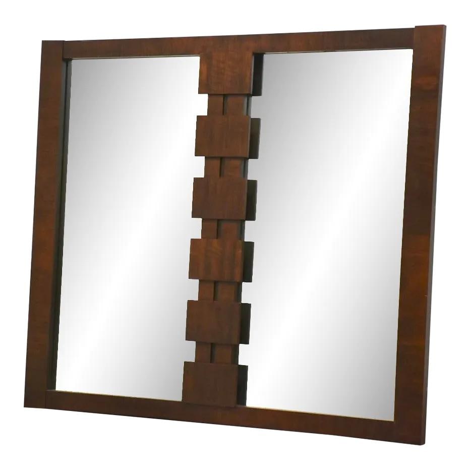 Mid Century Walnut Brutalist Mirror by Lane 49.25x41.5: Mid Century Walnut Brutalist Mirror by Lane 49.25x41.5 This stunning mid-century modern walnut brutalist mirror by Lane Furniture showcases a unique design that complements any contemporary decor. The