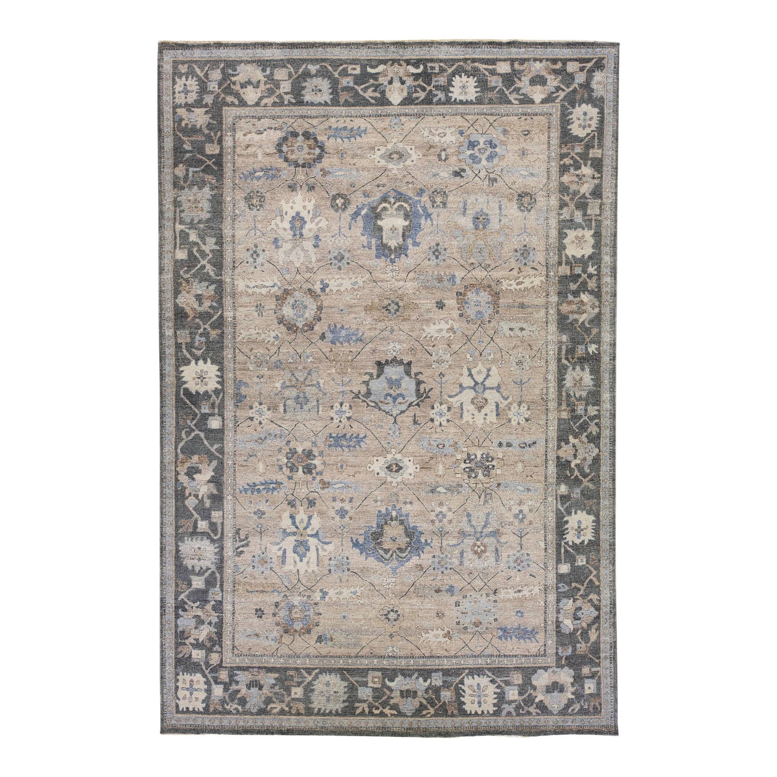 Modern Indian Mahal Floral Wool Rug 9'10 x 14'9: Modern Indian Mahal Floral Wool Rug 9'10 x 14'9 Introducing a stunning Modern Indian Mahal Brown Handmade Floral Wool Rug, reimagined from the Artisan line. This exquisite piece combines traditional c