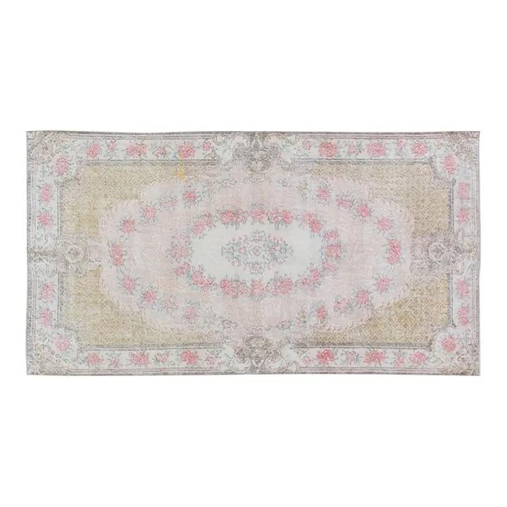 Handcrafted Wool Anatolian Rug in Tan 3'9'' x 7' Turkish Vintage: Handcrafted Wool Anatolian Rug in Tan 3'9'' x 7' Turkish Vintage This vintage Turkish Anatolian rug is hand-knotted from wool using traditional techniques, blending classic artistry with a modern desi