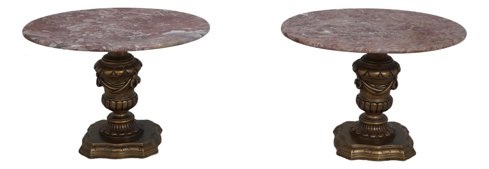 Exquisite Pair of Italian Style Oval Marble Top Tables: Exquisite Pair of Italian Style Oval Marble Top Tables This exquisite pair of occasional tables features elegant oval marble tops supported by intricately carved solid wood bases with a stunning gold 
