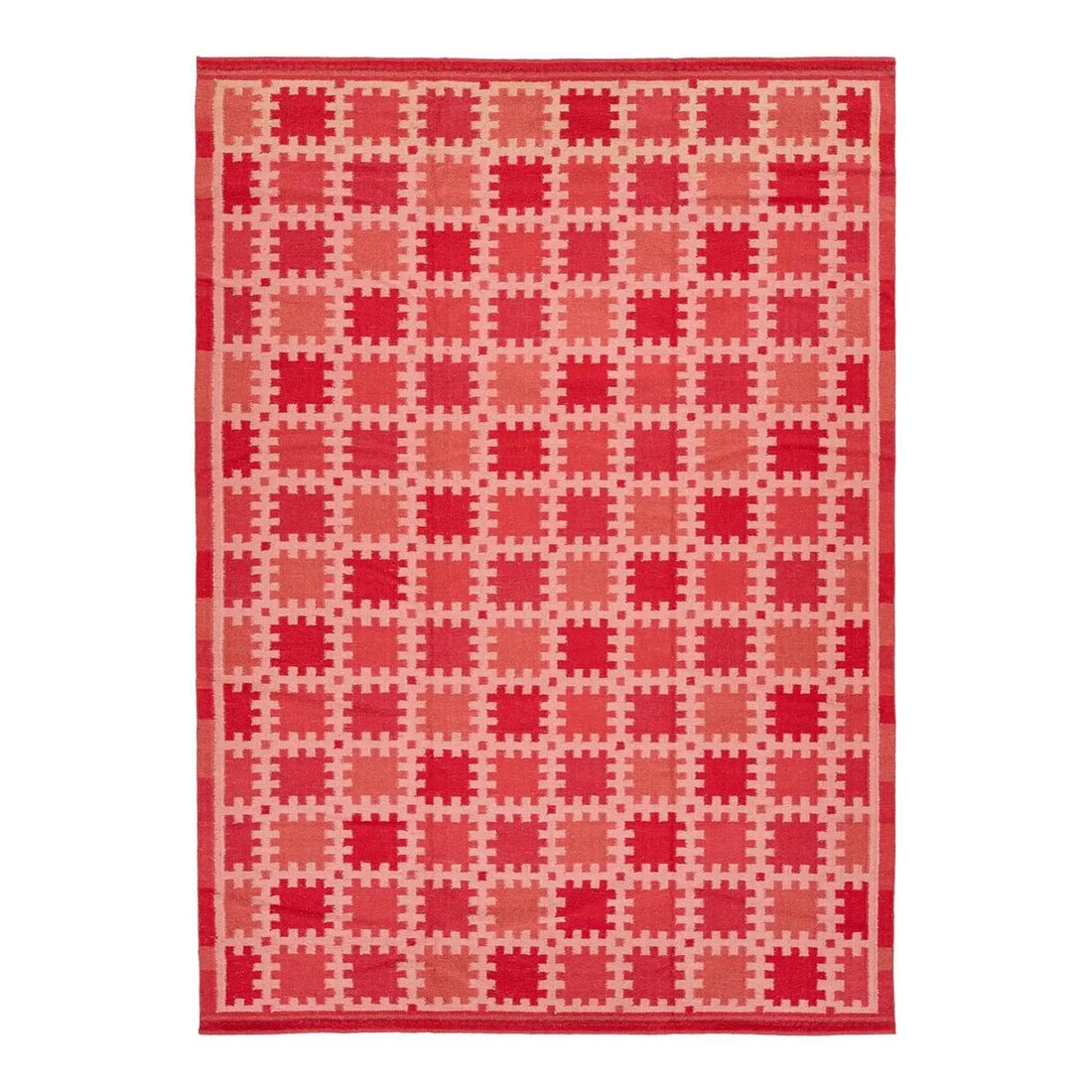 10'1" x 14'2" Geometric Flatweave Wool Rug in Terracotta Crimson Rose: 10'1" x 14'2" Geometric Flatweave Wool Rug in Terracotta Crimson Rose Handcrafted Swedish-style flatweave wool rug with a low-profile weave and a rhythmic geometric grid pattern. It features a palette