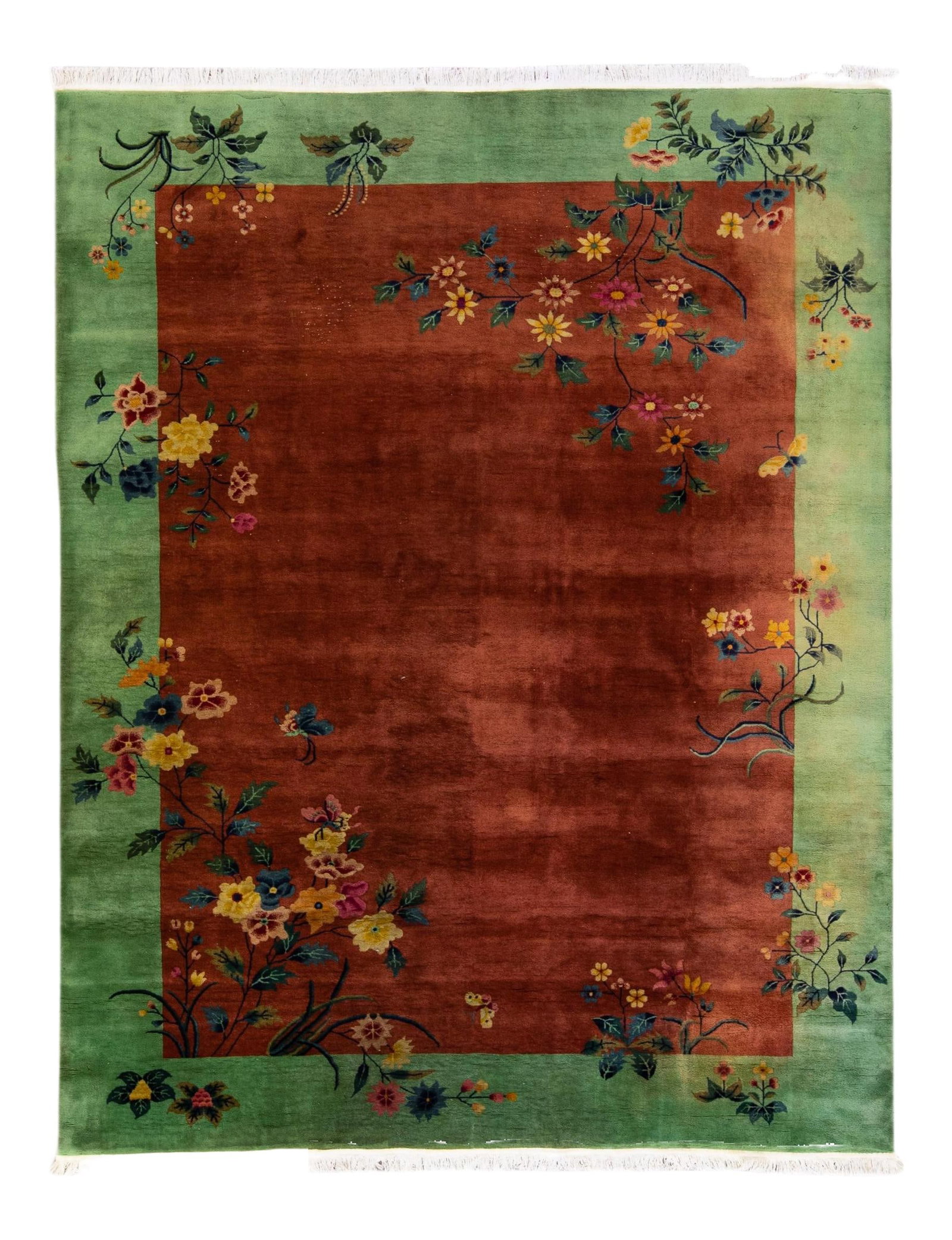 Antique Art Deco Chinese Hand-Knotted Wool Rug 8'10 x 11'4: Antique Art Deco Chinese Hand-Knotted Wool Rug 8'10 x 11'4 Discover the elegance of this antique Art Deco Chinese hand-knotted wool rug, featuring a rich brown field complemented by a striking green f