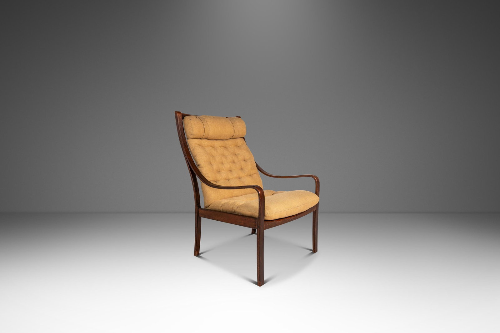 Fredrik A. Kayser Vatne Mobler high-back lounge chair rosewood fabric: Fredrik A. Kayser Vatne Mobler high-back lounge chair rosewood fabric Mid-Century Danish Modern bentwood lounge chair designed by Fredrik A. Kayser for Vatne Mobler, made in Denmark circa the 1970s. I