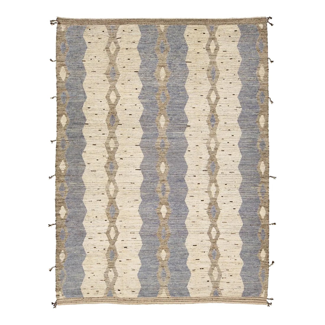 Beige and Blue Moroccan Tribal Wool Rug 10'6 x 14': Beige and Blue Moroccan Tribal Wool Rug 10'6 x 14' Enhance your space with this beautifully crafted wool rug that showcases a contemporary Moroccan design. Featuring an elegantly designed beige backgr