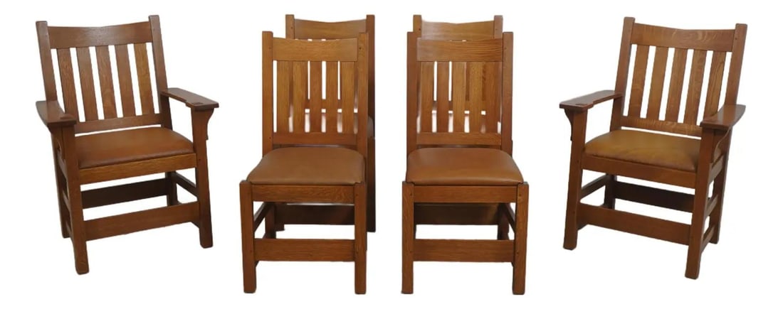 Six Mission Style Oak Dining Chairs with Leather Seats Arts and Crafts Design Set of 6 (1 of 10)