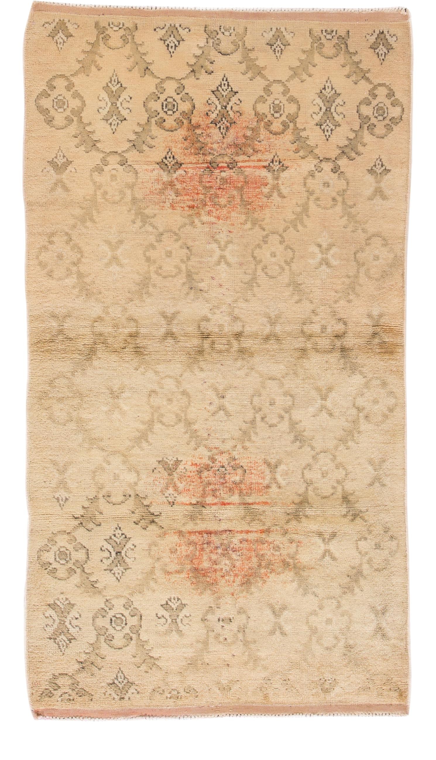 Vintage Hand-Knotted Khotan Rug 6'3 x 3'5 Floral Wool Beige: Vintage Hand-Knotted Khotan Rug 6'3 x 3'5 Floral Wool Beige Enhance your living space with this exquisite hand-knotted vintage Khotan rug, measuring 6'3" x 3'5". Featuring a stunning all-over floral d
