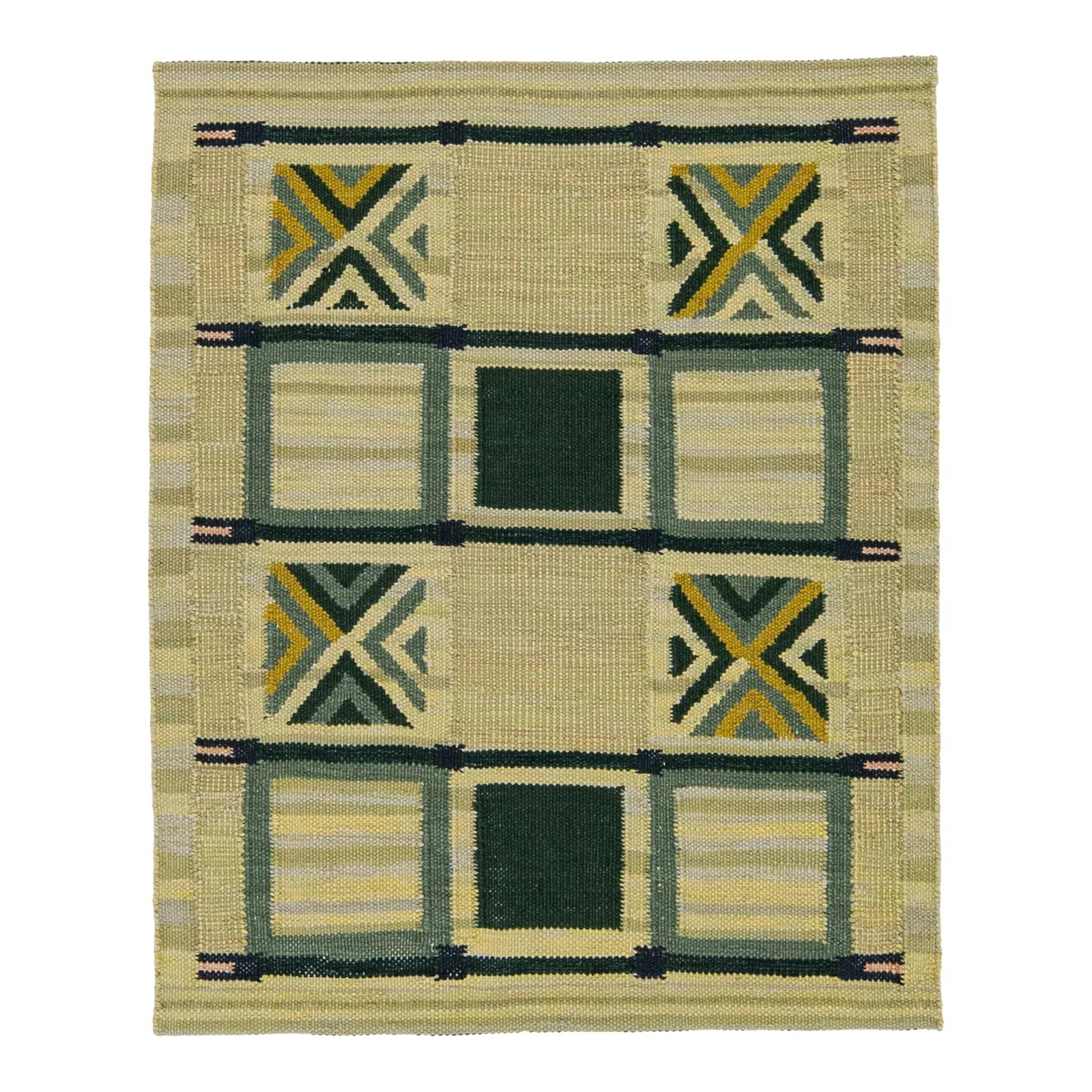 Swedish Flatweave Wool Rug Yellow Green Geometric Design 3'11 x 4'10: Swedish Flatweave Wool Rug Yellow Green Geometric Design 3'11 x 4'10 Enhance your living space with this stylish Swedish flatweave rug, featuring a contemporary design in a beige-yellow base adorned w