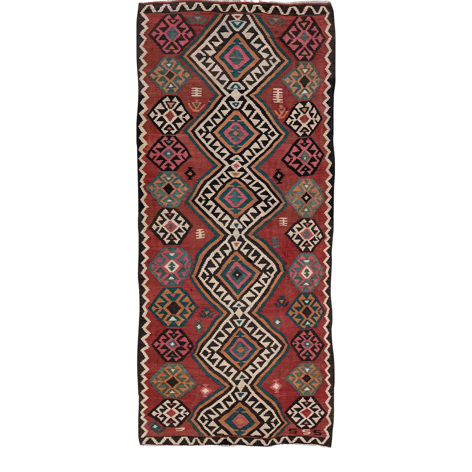 Vintage Kilim Wool Runner 5'8 x 12'4 Tribal Motif Burgundy Red: Vintage Kilim Wool Runner 5'8 x 12'4 Tribal Motif Burgundy Red This stunning vintage kilim handmade wool runner features a rich burgundy red field adorned with a captivating all-over tribal design. Ac