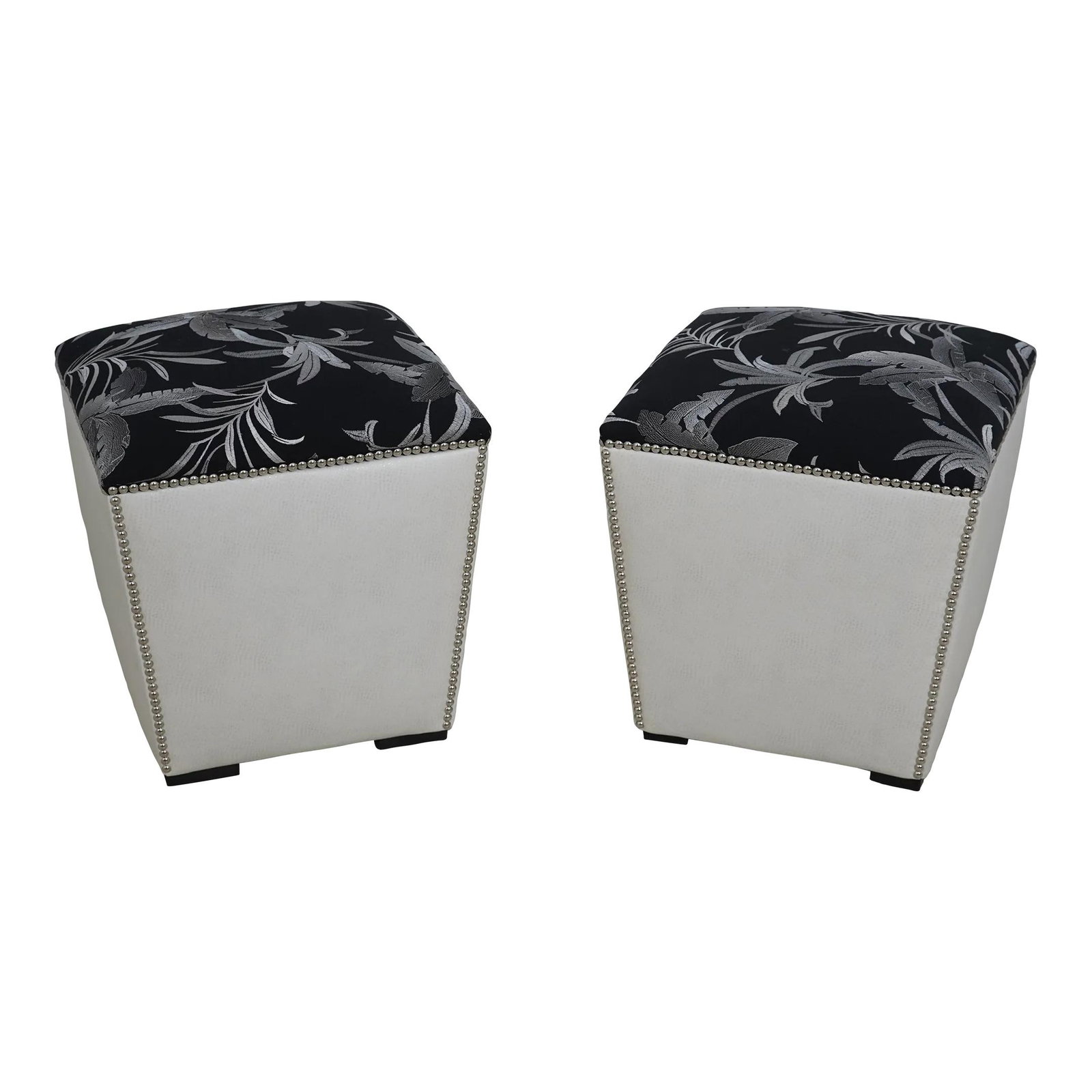 Custom Upholstered Ottoman Stools Pair White Faux Leather Silver Trim (1 of 10)