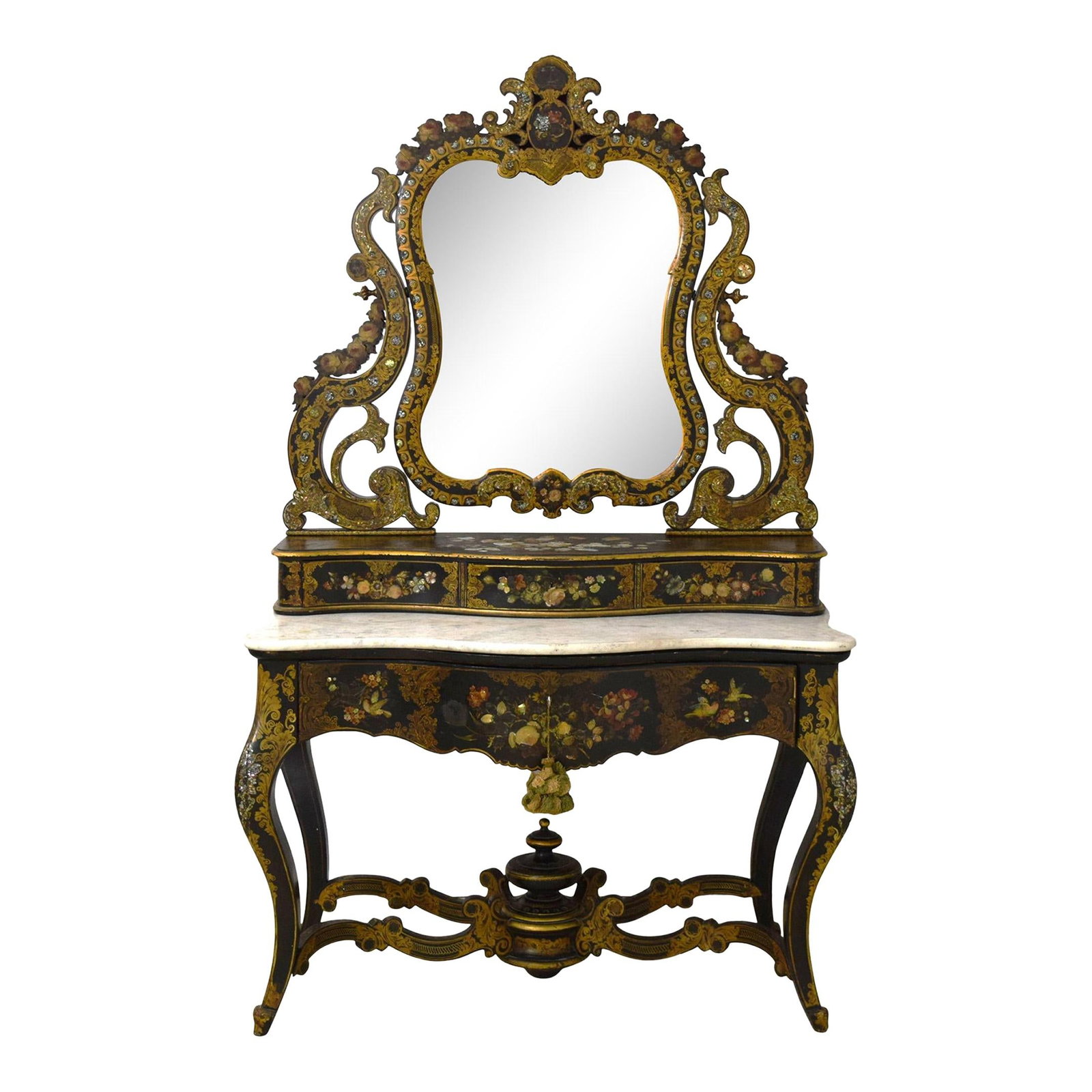 19th Century Ebonized Painted Vanity with Mirror and Mother of Pearl Inlay: 19th Century Ebonized Painted Vanity with Mirror and Mother of Pearl Inlay This exquisite Early 19th Century Vanity showcases a stunning ebonized wood construction with a beautifully painted finish. F