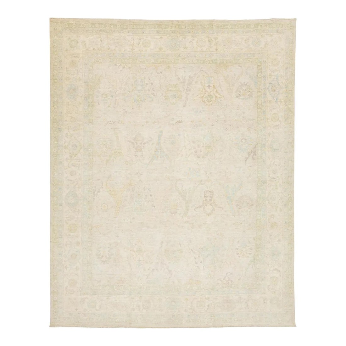 11'8" x 14'7" Hand-Knotted Wool Area Rug in Modern Oushak Design: 11'8" x 14'7" Hand-Knotted Wool Area Rug in Modern Oushak Design This Modern Oushak style area rug is hand-knotted from premium wool and features a sophisticated distressed pattern that refreshes trad