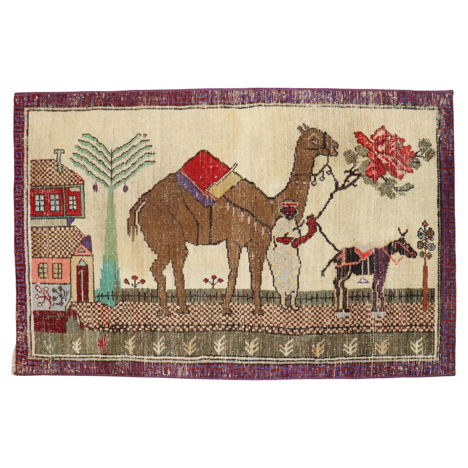 Zabihi Vintage Turkish Hand-Woven Wool Rug with Camel and Donkey Design: Zabihi Vintage Turkish Hand-Woven Wool Rug with Camel and Donkey Design Discover the charm of this vintage Turkish camel and donkey rug, a unique piece that embodies folk art from the mid-20th century
