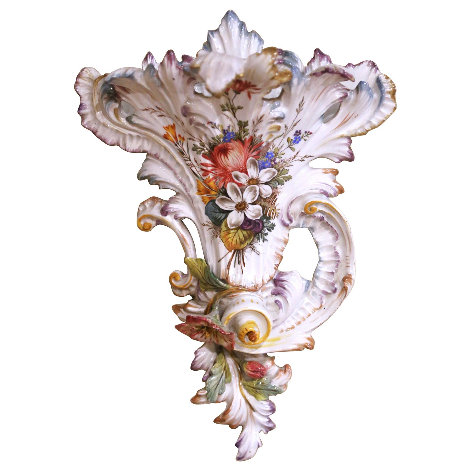 French Faience Floral Hanging Wall Pocket circa 1920: French Faience Floral Hanging Wall Pocket circa 1920 This early 20th century French barbotine faience wall pocket is a beautifully hand-crafted and hand-painted decorative piece, made in France around