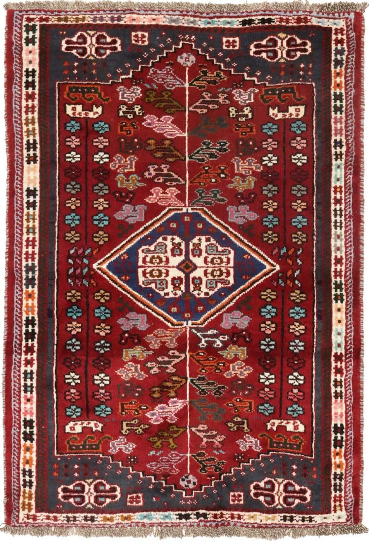 Red Wool Hand-Knotted Tribal Geometric Area Rug 3'5 x 5': Red Wool Hand-Knotted Tribal Geometric Area Rug 3'5 x 5' This hand-knotted oriental rug features a striking red base with geometric tribal patterns, complemented by accents of cream, plum, khaki, oran