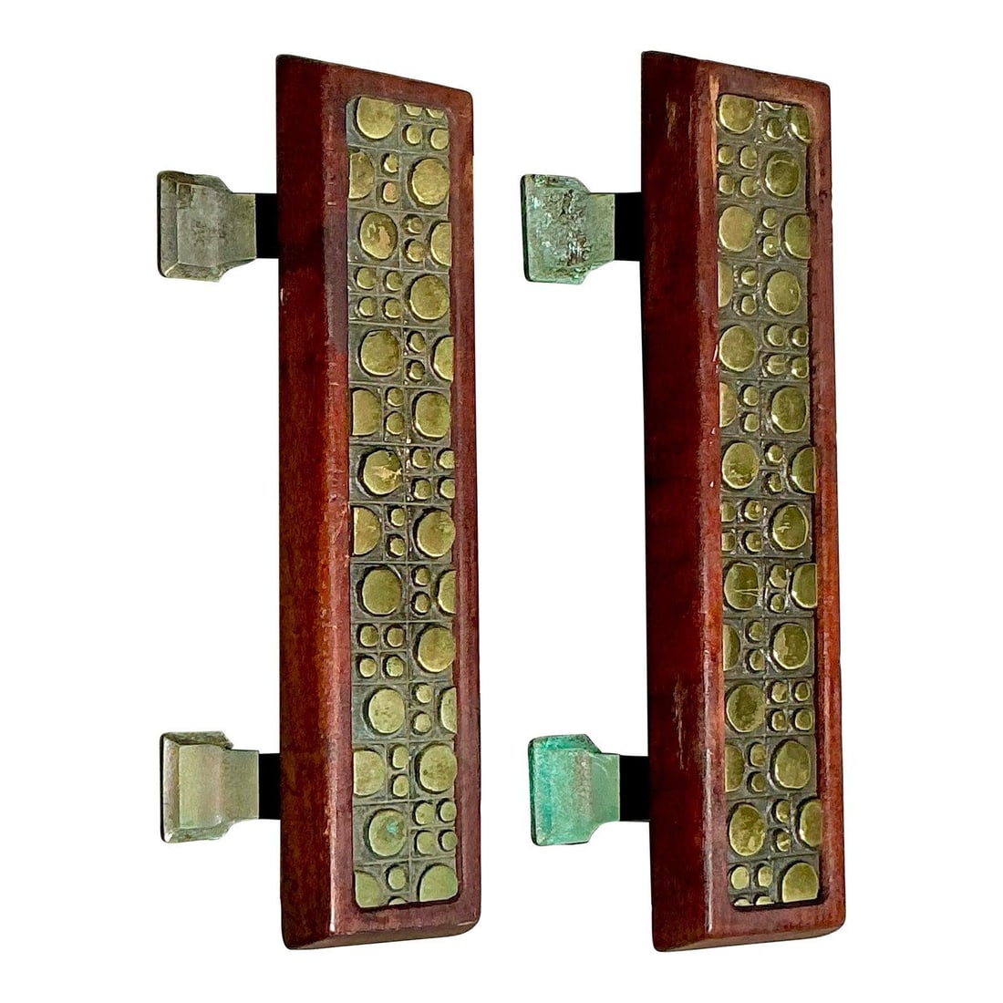 Vintage Boho MCM Abstract Geometric Door Pulls Wood Metal Sienna (1 of 8)