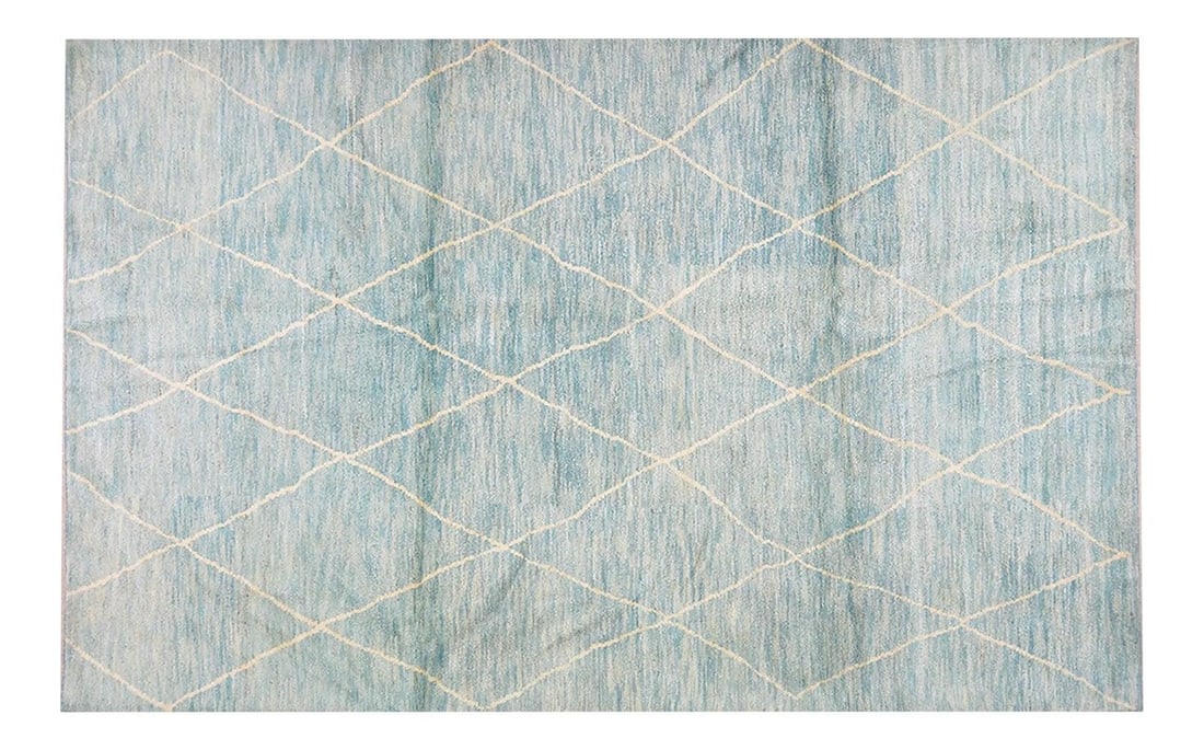 6'7 x 10'6 Moroccan Beni Ourain Hand Knotted Wool Rug in Turquoise: 6'7 x 10'6 Moroccan Beni Ourain Hand Knotted Wool Rug in Turquoise This Moroccan Beni Ourain rug is hand knotted from organic wool, featuring a contemporary style and a soft texture. Showcasing natura