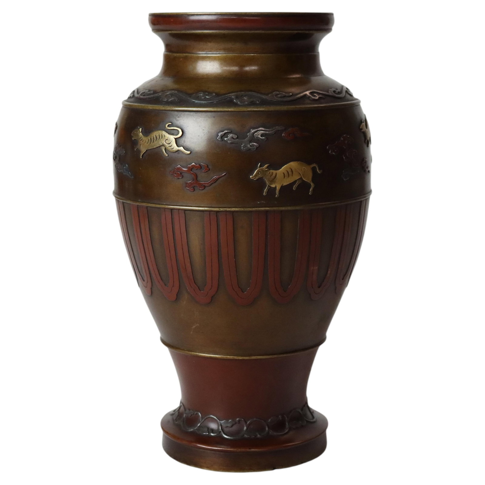 Meiji Era Bronze Vase with Mixed Metal Animal and Foliage Relief c1910: Meiji Era Bronze Vase with Mixed Metal Animal and Foliage Relief c1910 This antique Japanese vase from the Meiji Period, circa 1910, is crafted from bronze with intricate mixed metal applications. The