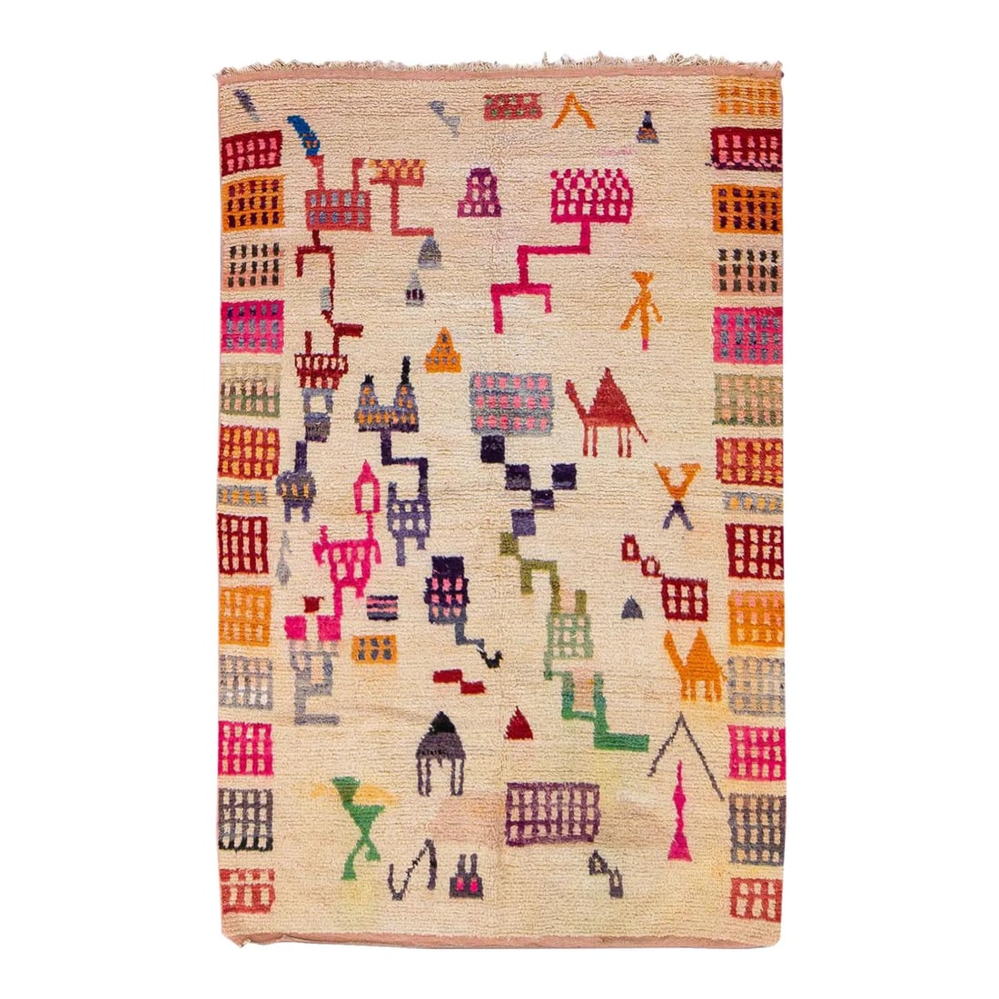 Vintage Azilal Moroccan 5'9 x 9 Wool Rug Beige Geometric Design: Vintage Azilal Moroccan 5'9 x 9 Wool Rug Beige Geometric Design Enhance your space with this stunning vintage Azilal Moroccan hand-knotted wool rug. Featuring a warm beige field adorned with vibrant m