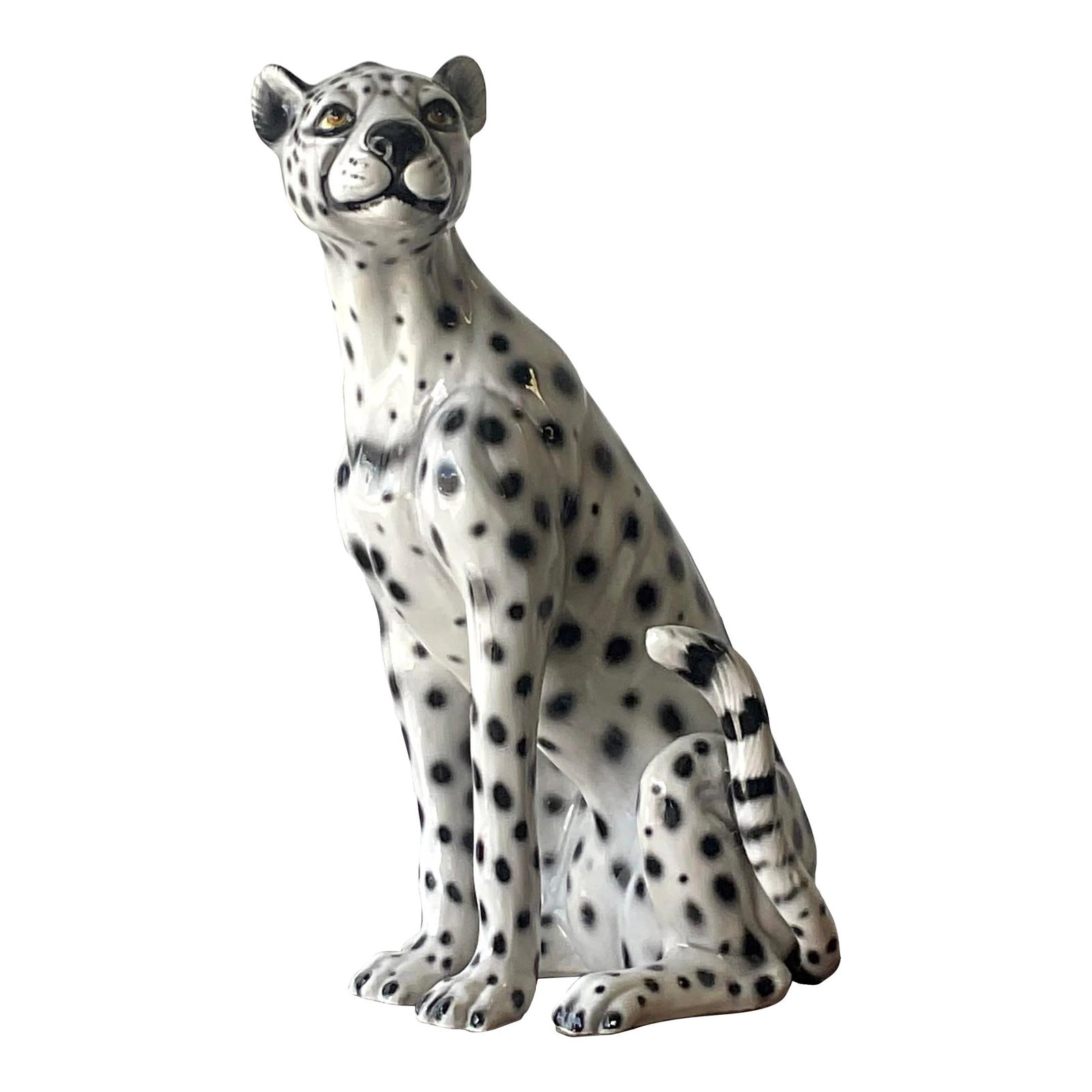 Vintage Boho Italian Hand-Painted Ceramic Cheetah Alabaster 23.5" Tall: Vintage Boho Italian Hand-Painted Ceramic Cheetah Alabaster 23.5" Tall This exquisite vintage Boho glazed ceramic cheetah showcases stunning hand-painted details in a striking black and white design. 