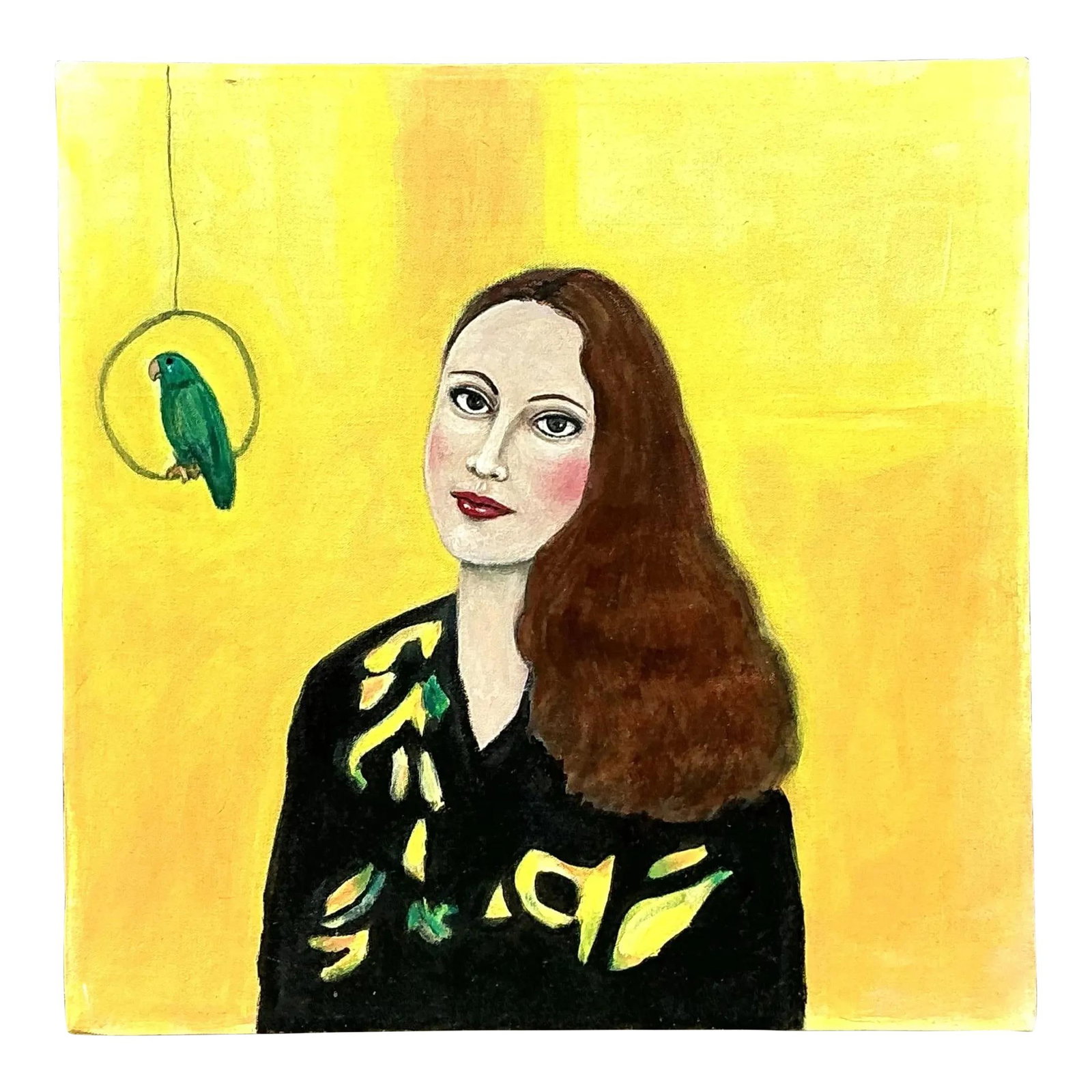 Vintage Boho Oil Portrait on Canvas with Parrot 20x20: Vintage Boho Oil Portrait on Canvas with Parrot 20x20 This vibrant vintage oil portrait on canvas features a striking depiction of a woman against a bold yellow backdrop, accompanied by a green parrot
