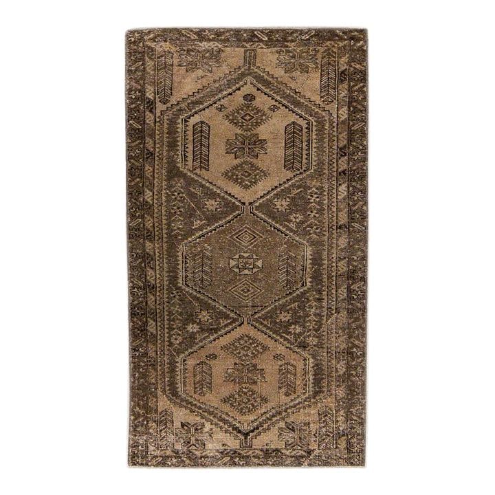1960s Vintage Hand-Knotted Geometric Wool Rug 3'5 x 6'4 Brown: 1960s Vintage Hand-Knotted Geometric Wool Rug 3'5 x 6'4 Brown Enhance your space with this stunning 1960s Vintage Distressed Brown Geometric Wool Rug. Hand-knotted with care, this beautiful rug featur