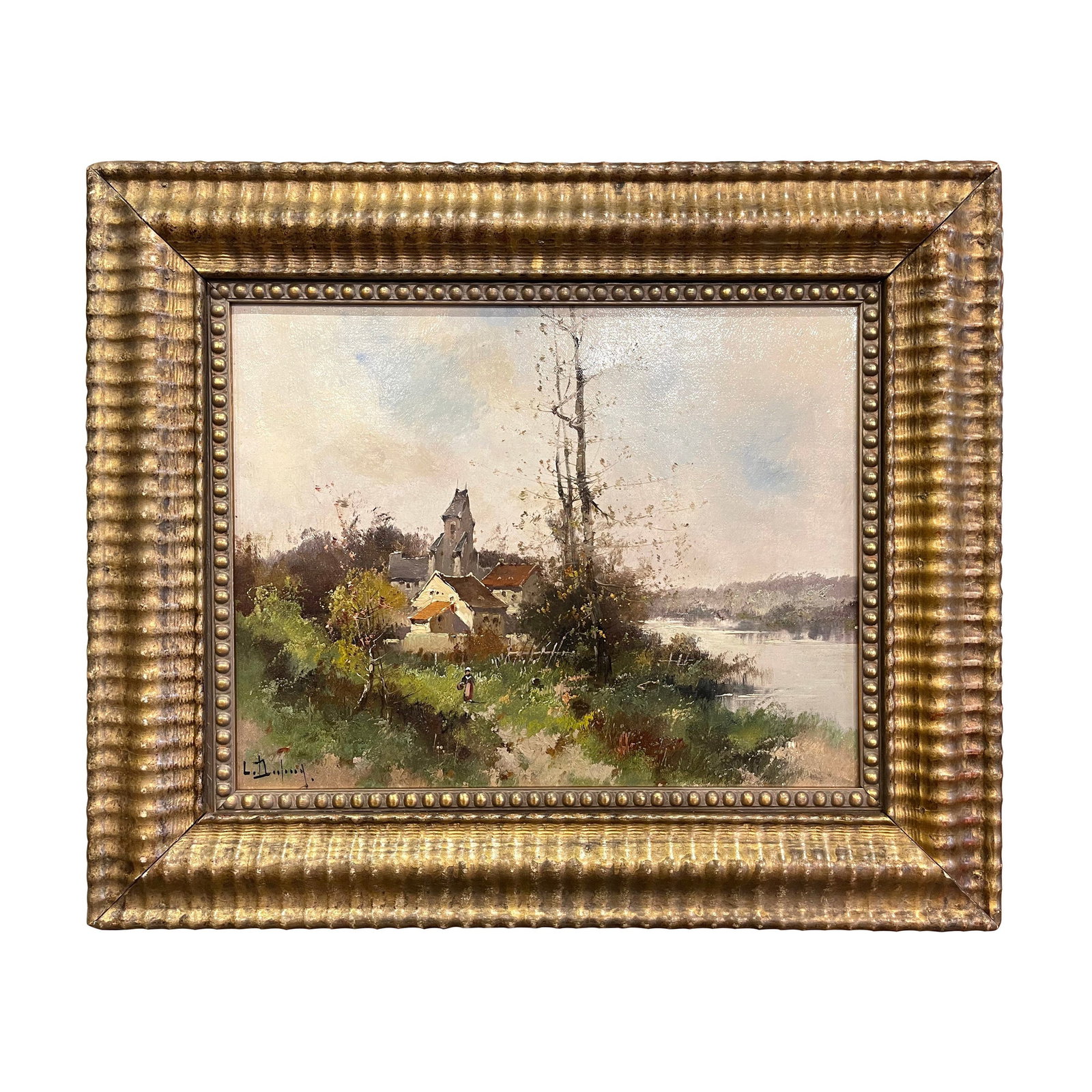 French River Scene Oil on Canvas Signed L Dupuy Circa 1890 in Giltwood Frame: French River Scene Oil on Canvas Signed L Dupuy Circa 1890 in Giltwood Frame This late 19th-century French oil painting, signed L. Dupuy, depicts a serene riverside village scene with a church steeple