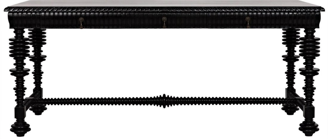 Elegant Noir Portuguese Desk Mahogany Veneer Brass Pulls: Elegant Noir Portuguese Desk Mahogany Veneer Brass Pulls This Stately Portuguese Desk by Noir combines elegance and functionality, making it a perfect addition to any office or study. Crafted from hig